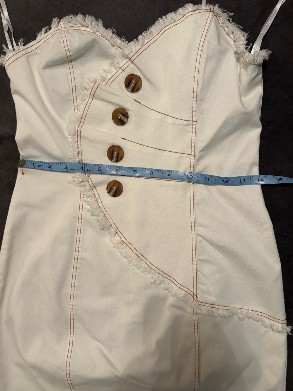 NWT Mika & Gala Strapless Mini Dress Ivory Fringe Button Detail M - Picture 14 of 15